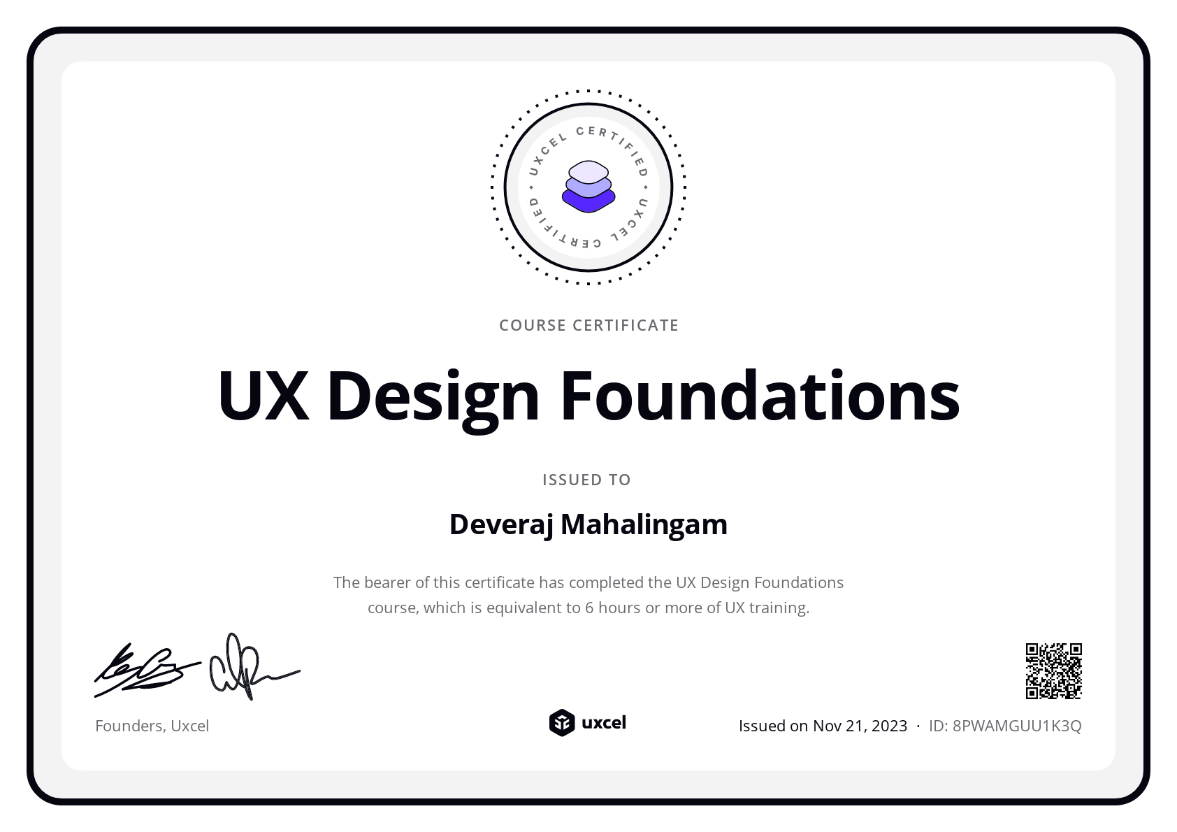 Deveraj Mahalingam's certificate